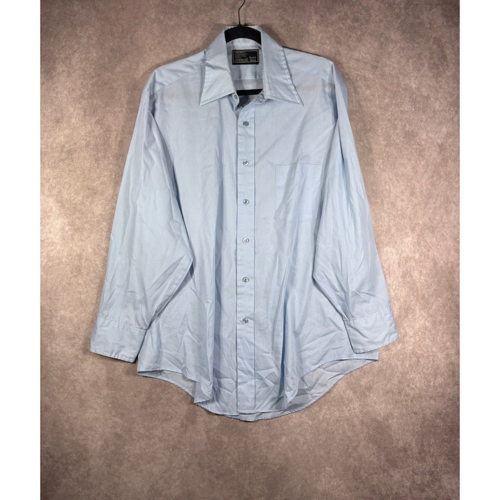 Vintage Sears Button Down Dress Shirt Mens 16.5 Blue Perma-Prest 70s Long Sleeve